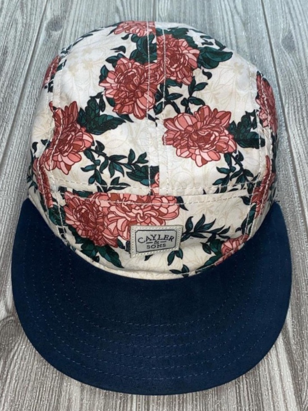 Cayler & Sons Floral Panel 5-Panel Cap - Pink & Green on Cream with Navy Brim